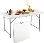FurnitureR Adjustable Folding Table 4FT, Plastic Utility Table with 3 Height Settings, Fold-in-Half with Handle, Foldable and Portable for Indoor Outdoor Picnic Camping Party, White