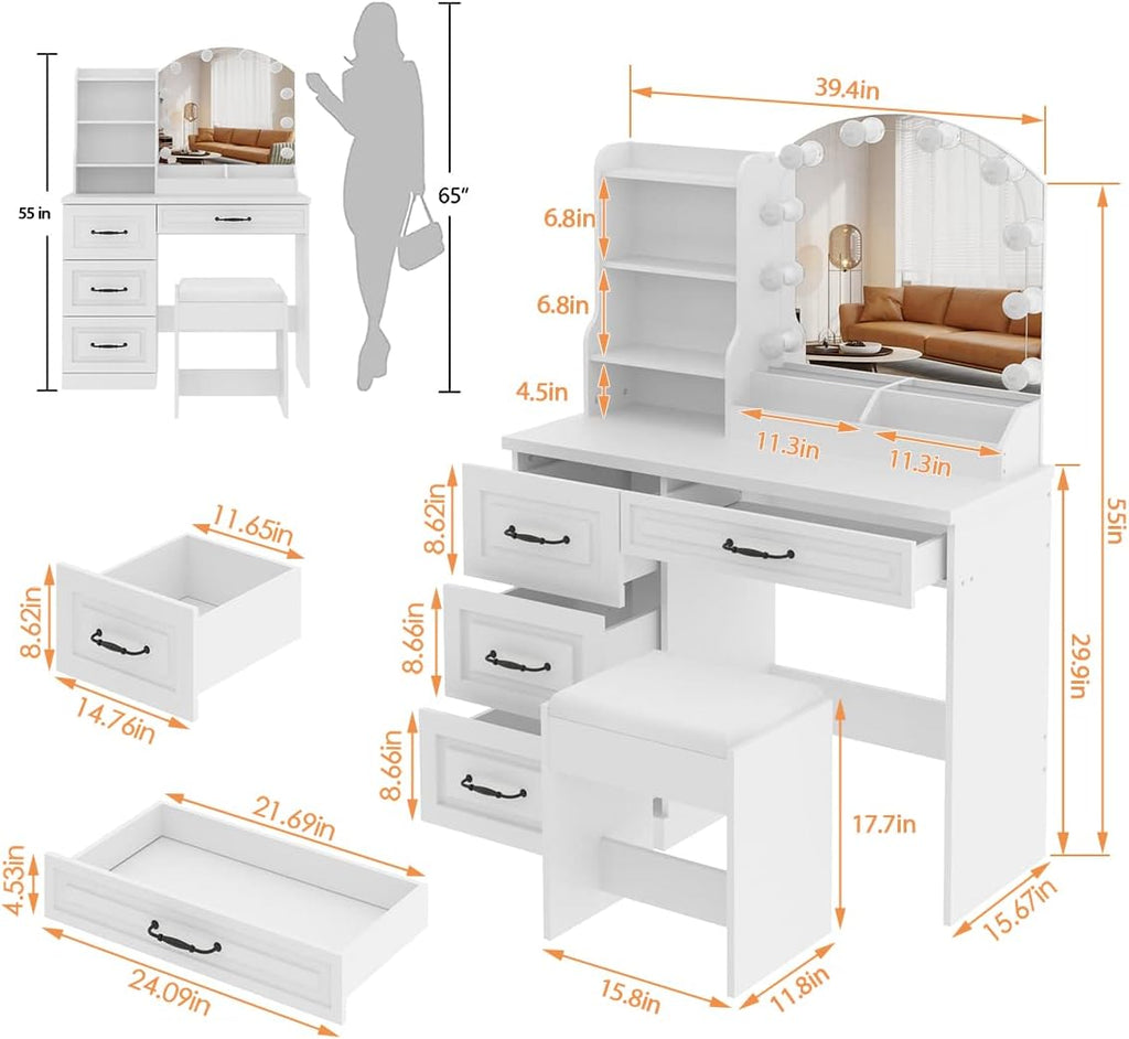 Vabches Vanity Desk with Mirror and Lights,Makeup Vanity Set for Bedroom | White Dressing Table 3 Lighting Colors, 4 Drawers
