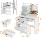 Vabches Vanity Desk with Mirror and Lights,Makeup Vanity Set for Bedroom | White Dressing Table 3 Lighting Colors, 4 Drawers
