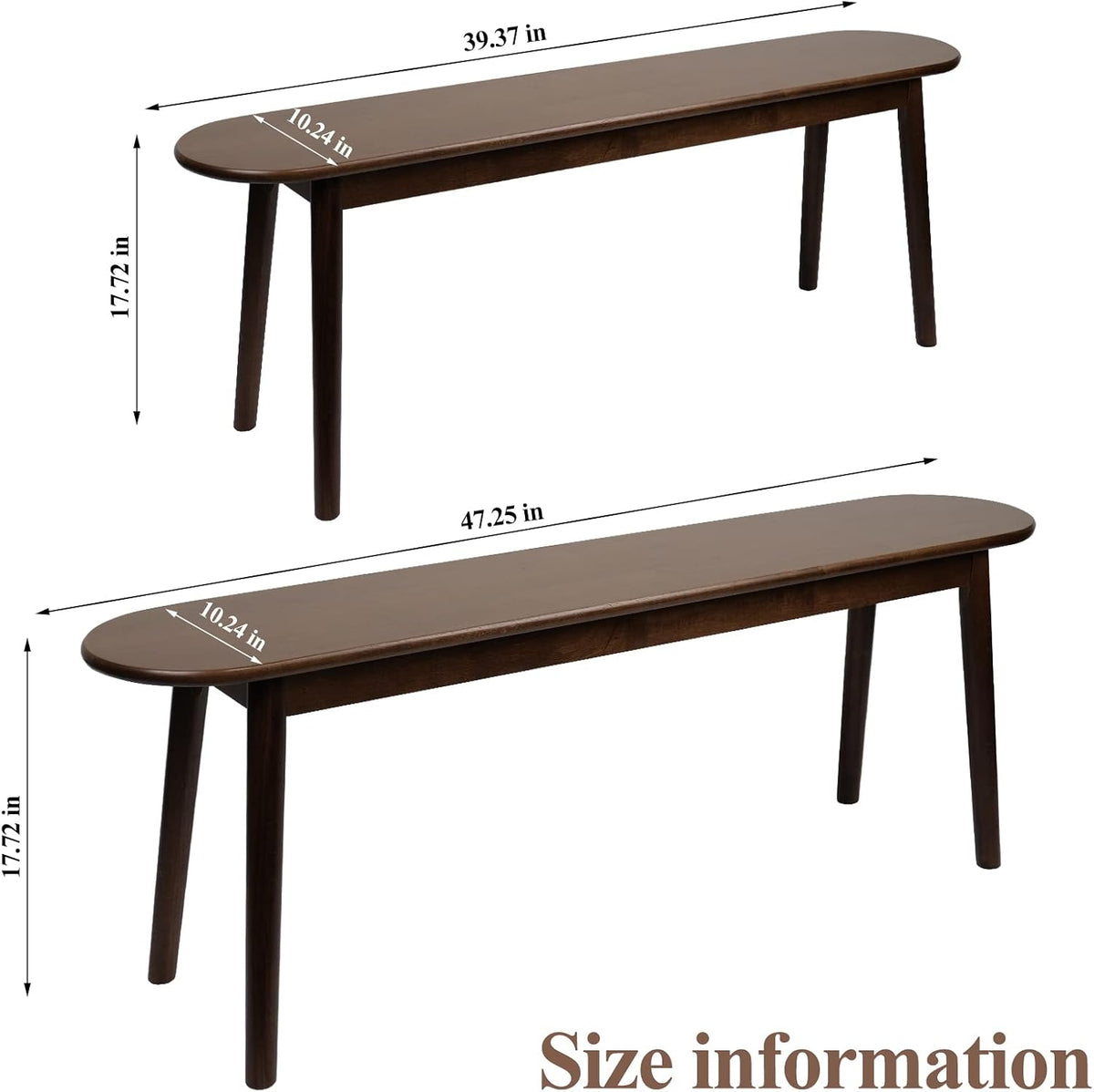 Entryway Bench, Solid Wood Dining Bench, Midcentury End of Bed Bench w/Rounded Corner, Outdoor Bench w/Robust Construction, Bedroom Bench, 10.24" W x 17.72" H（Walnut 39.4inches）
