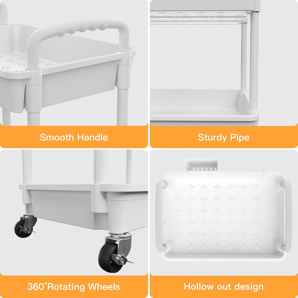 3 Tier Rolling Utility Cart with Handle,REBECAT Utility Cart Made of Multifunctional Storage Organizer Tool for Kitchen,Bathroom,Living Room,Office(White)