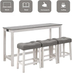 59" Dining Bar Table Set with Power Outlet, Behind Couch Sofa Table with 3 Padded Stools, 4 Piece Bar Table and Chairs Set for Living Room, Dining Room, Gray