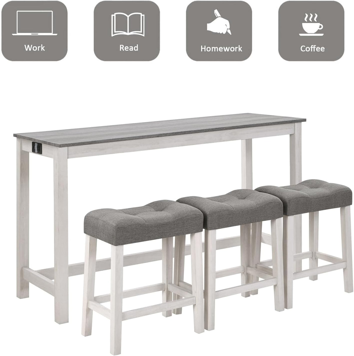 59" Dining Bar Table Set with Power Outlet, Behind Couch Sofa Table with 3 Padded Stools, 4 Piece Bar Table and Chairs Set for Living Room, Dining Room, Gray