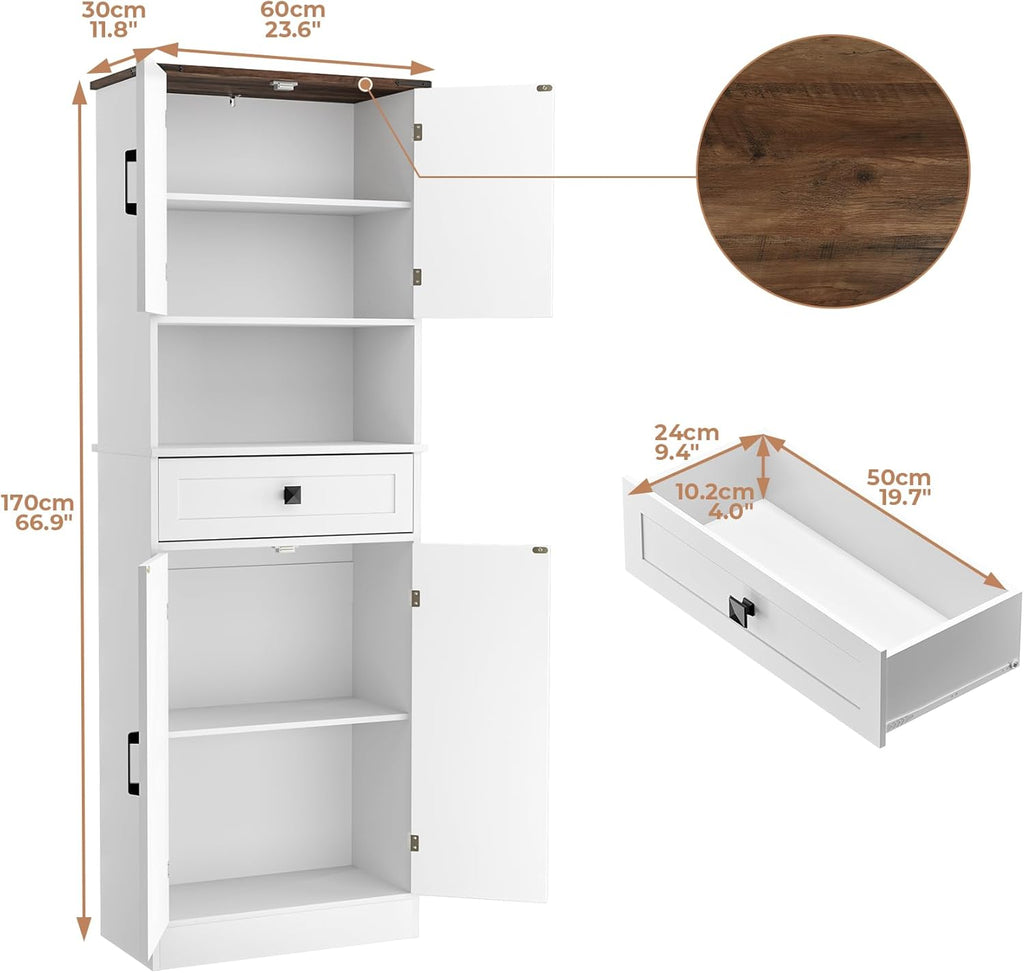 Bigbiglife Farmhouse Kitchen Pantry Cabinet, 67" Tall Kitchen Storage Cabinet, Kitchen Hutch with Microwave Stand & Barn Doors and Drawers for Dining Room, Living Room, Study