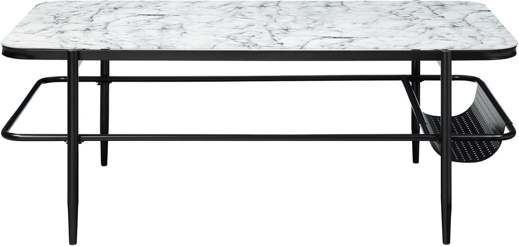 3pc Occasional Table Set with Tempered Glass and Metal Base | Includes 1 coffee table and 2 end tables with white marble print tempered glass tops