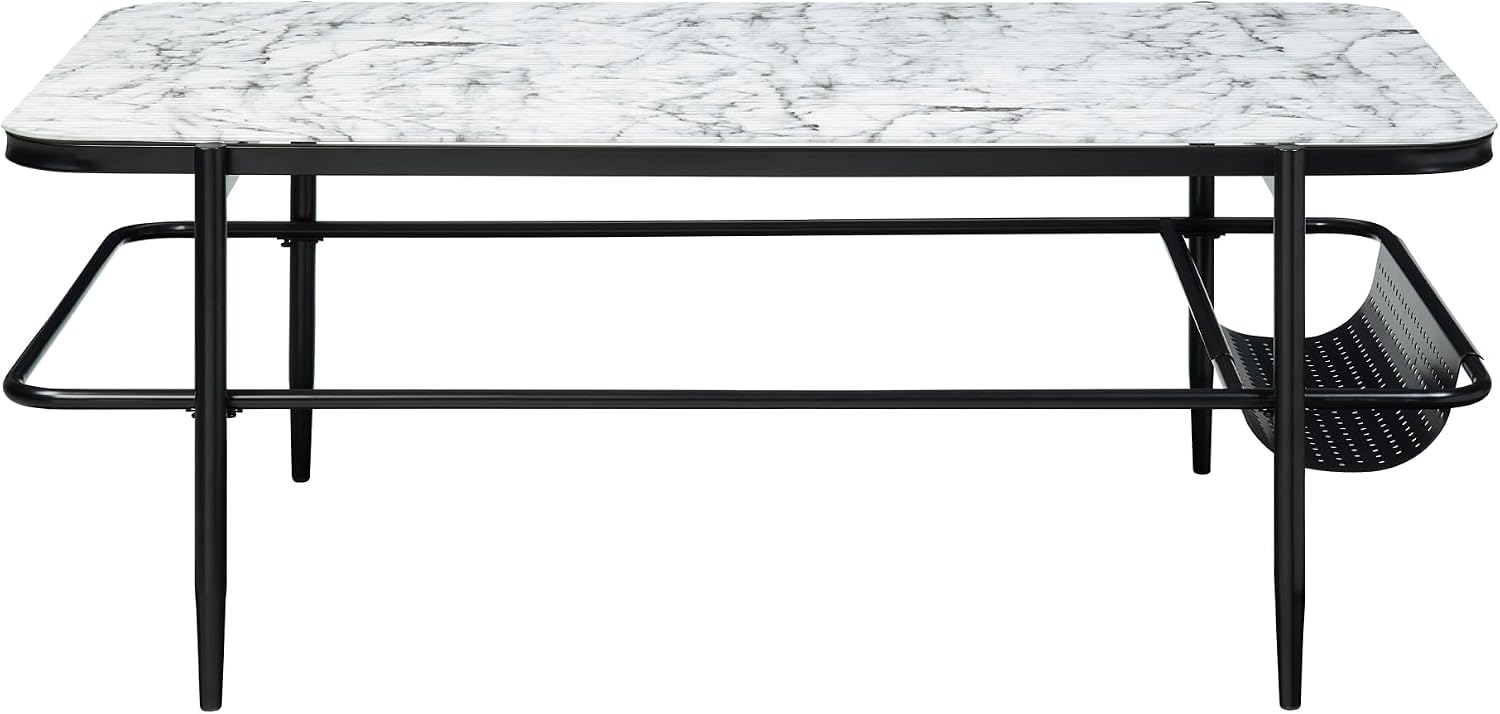 3pc Occasional Table Set with Tempered Glass and Metal Base | Includes 1 coffee table and 2 end tables with white marble print tempered glass tops