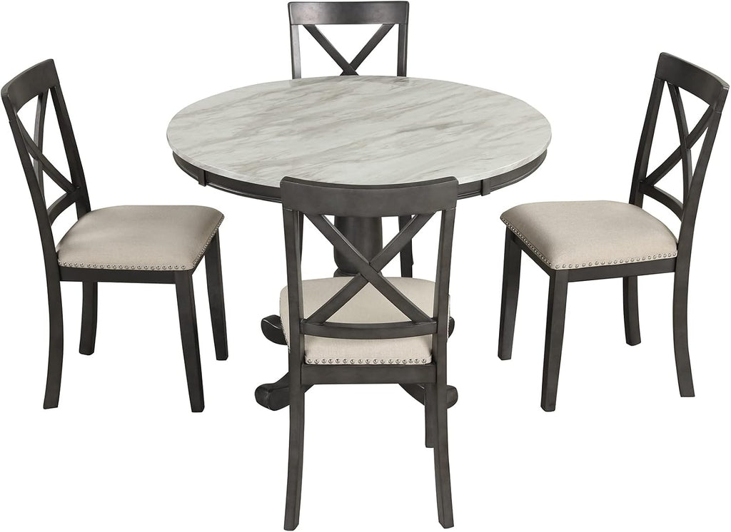 Merax 5 Piece Dining Table Set for 4, Solid Wood Kitchen Table Set with 4 Upholstered Chairs for Kitchen, Dining Room, Living Room, Grey