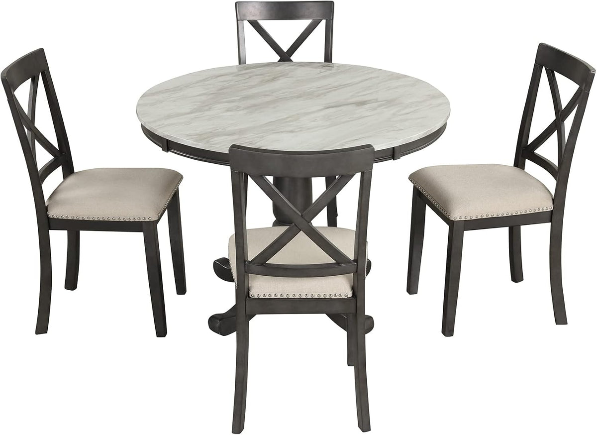 Merax 5 Piece Dining Table Set for 4, Solid Wood Kitchen Table Set with 4 Upholstered Chairs for Kitchen, Dining Room, Living Room, Grey