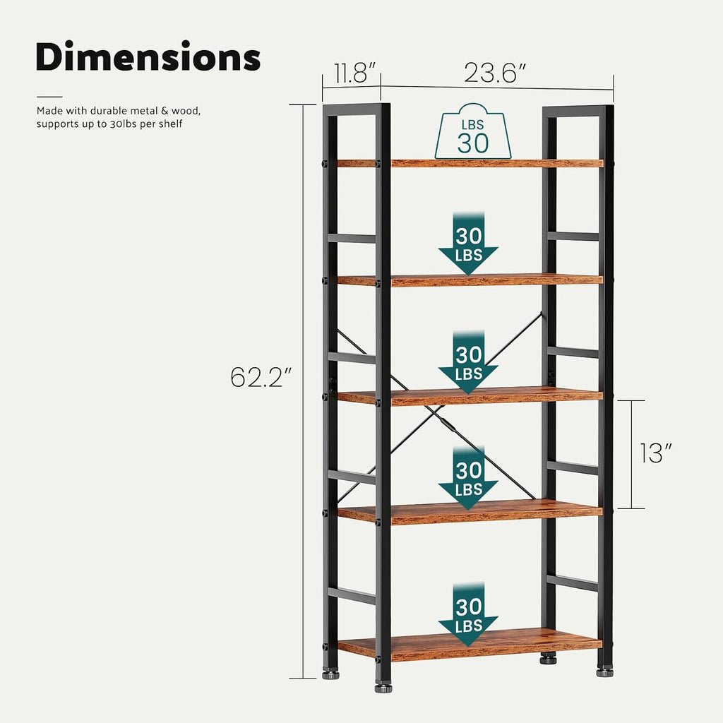 NEWBULIG Book Shelf 5 Tier Modern Bookcase Sturdy Metal Storage Organizer Books/CDs/Magazines Industrial Open Display Shelf for Bedroom Home Office Kitchen Living Room, Rustic