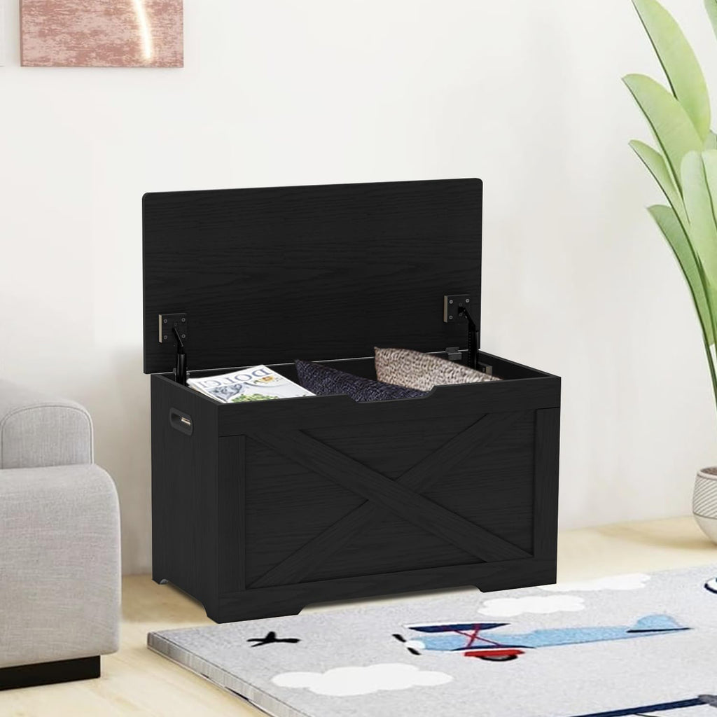 Timberer Storage Chest, Wooden Storage Bench, Entryway Shoes Bench with 2 Safety Hinges, for Living Room, Bedroom, 15.7 x 31.5 x 18.9 Inches, Black