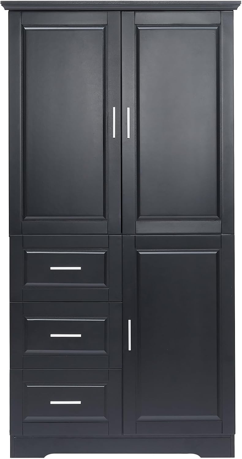 Merax 62.2" Pantry Cabinet with Three Doors & Three Drawers, Adjustable Shelves Storage Cupboard for Kitchen/Dining Room/Bathroom, Black