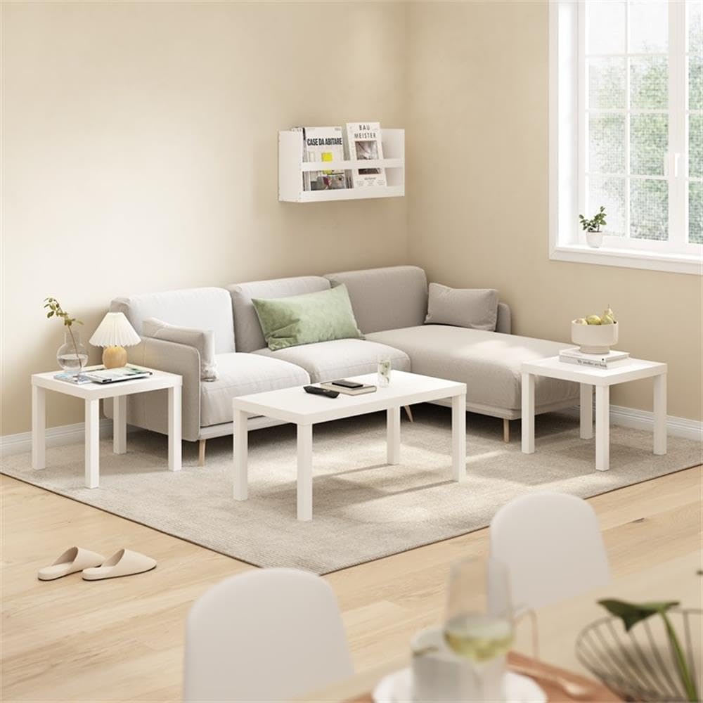 Pemberly Row 3-Piece Living Room Table Set, Includes Coffee Table & 2 Side Tables, Durable Engineered Wood, White Finish, Thick Tabletops, Modern Design, Sturdy Furniture for Living Room or Office