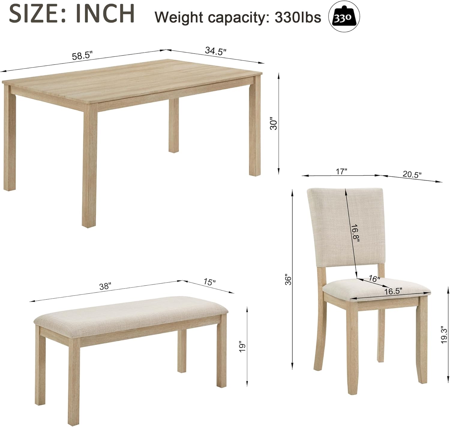 VilroCaz Farmhouse 6 Piece Dining Table Set, Wooden Rectangular Kitchen Table Set with 4 Upholstered Chairs and Bench for Living Room, Kitchen, Dining Room