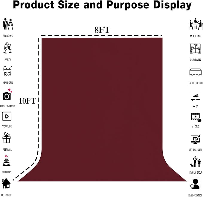 8x10FT Burgundy Wine Red Screen Backdrop for Photography Photo Booth Recording Parties Curtain