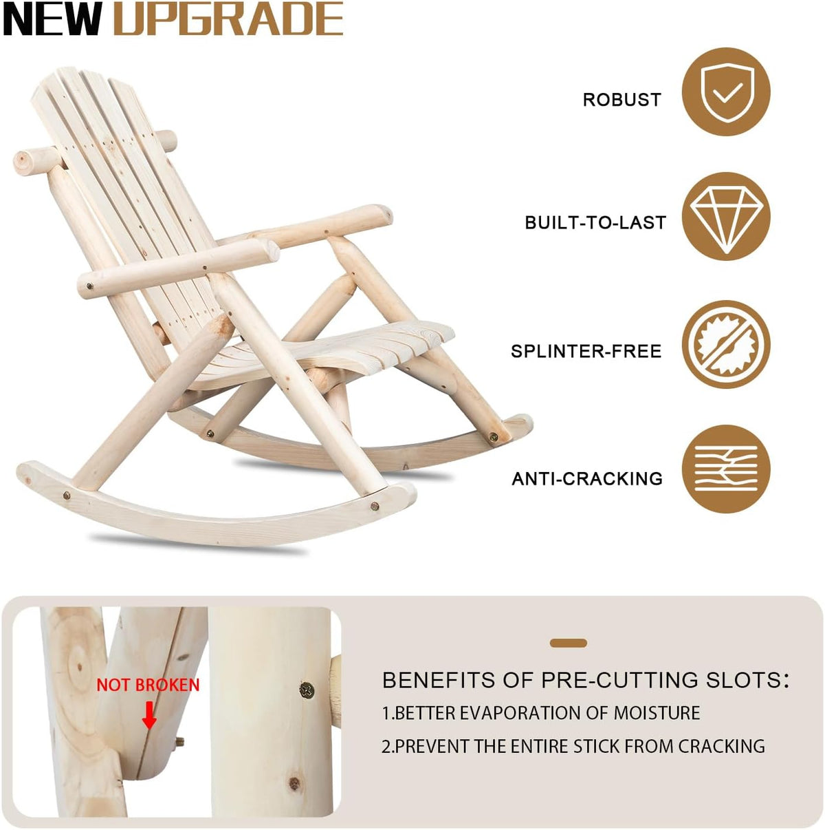 Outvita Wooden Rocking Chair Set of 2 for Garden Patio(Natural Finish) | Fir Log Adirondack Rocker, Outdoor Wood Accent Furniture Lounge Chairs Backyard Porch