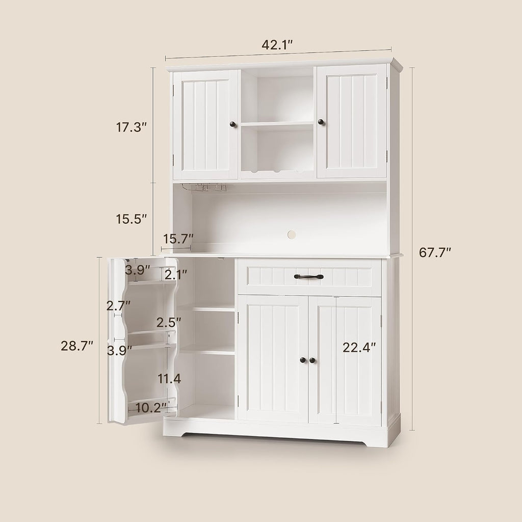 Gizoon Tall Kitchen Storage Cabinet with Door and Shelves White | Kitchen Pantry Cabinet with Storage 67" Large Coffee Bar Hutch with Storage for Dining Room Kitchen and Living Room, Painted