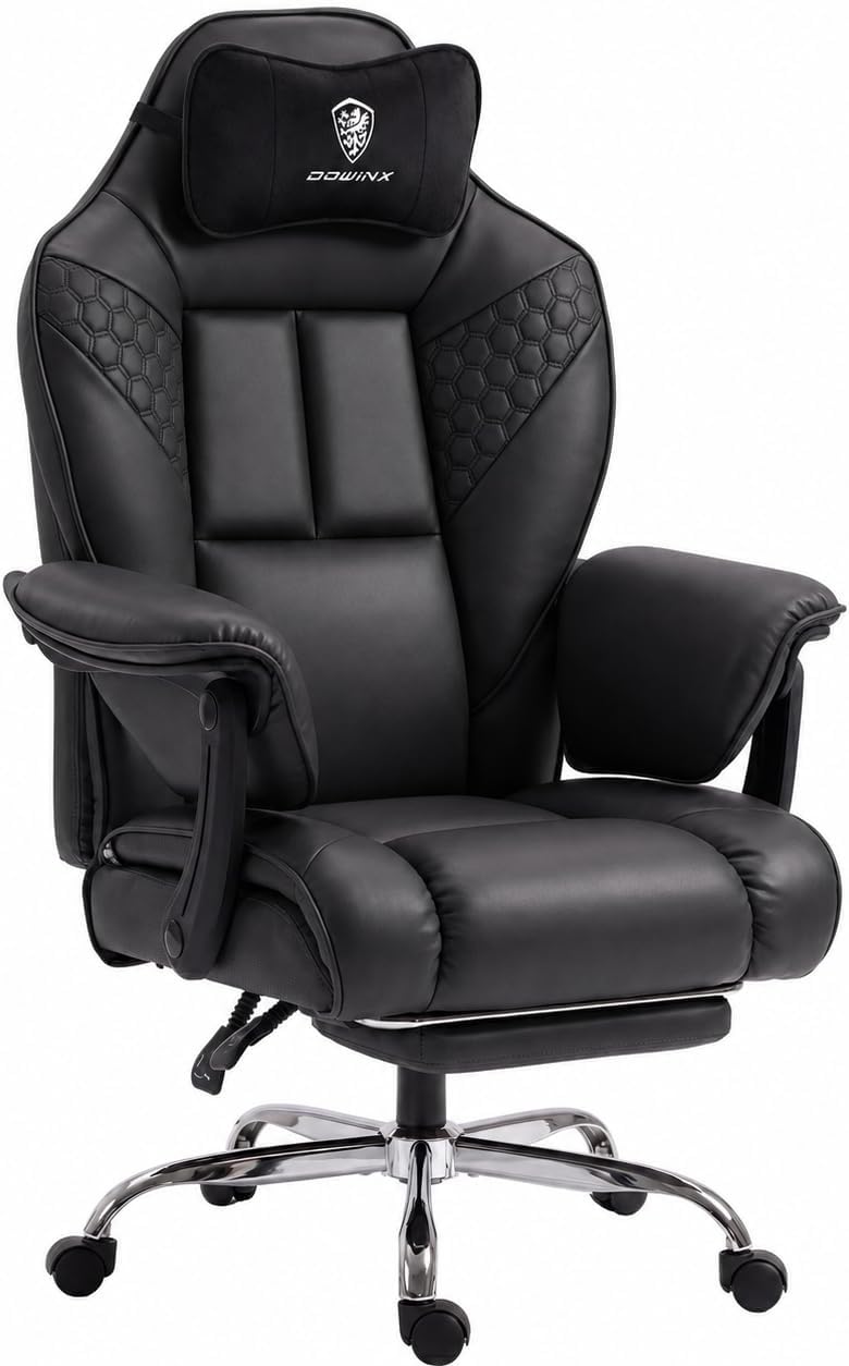 Dowinx Big and Tall Gaming Chair with Footrest for Home Office 500LBS Black | High Back Leather Office Chair, Extra-Wide & Thick-Padded Seat Cushion with Ergonomic Lumbar Support and Soft Linkage Armrest