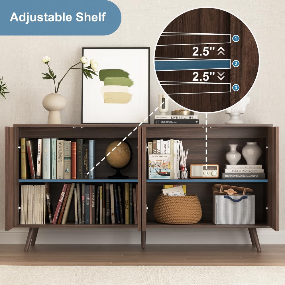 Sideboard Buffet Cabinet with Storage, Long Sideboard Storage Cabinet with 4 Doors, Wood Credenza Console Coffee Bar Cabinets with Adjustable Shelves for Living Room Kitchen Dining Room Walnut