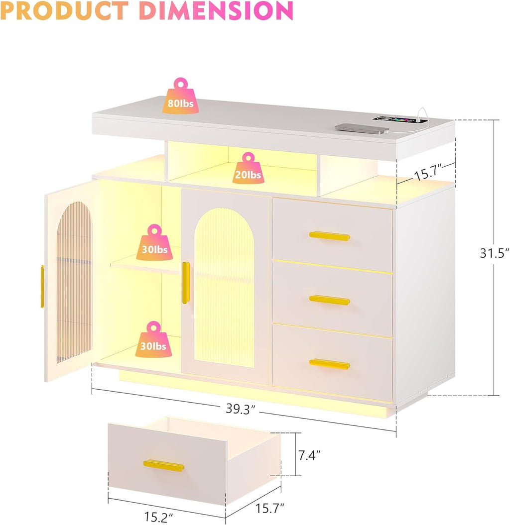 40" LED Buffet Cabinet with Charging Station, Auto Sensor Kitchen Storage Cabinet with RGB 24 Color Lights, Coffee Bar Cabinet with 3 Drawers,Sideboard Buffet Cabinets for Living Room (White)