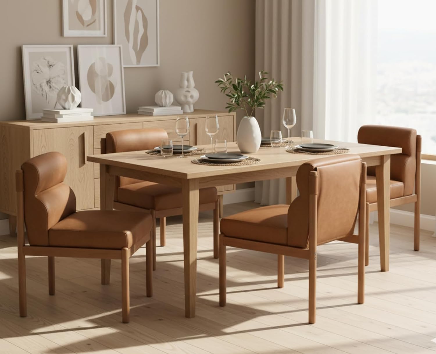 CIMOTA Modern Upholstered Dining Chairs Set of 2, Faux Leather Kitchen & Dining Room Chairs Boucle Armless Side Chairs with Curved Backrest/Solid Wood Legs, PU Brown