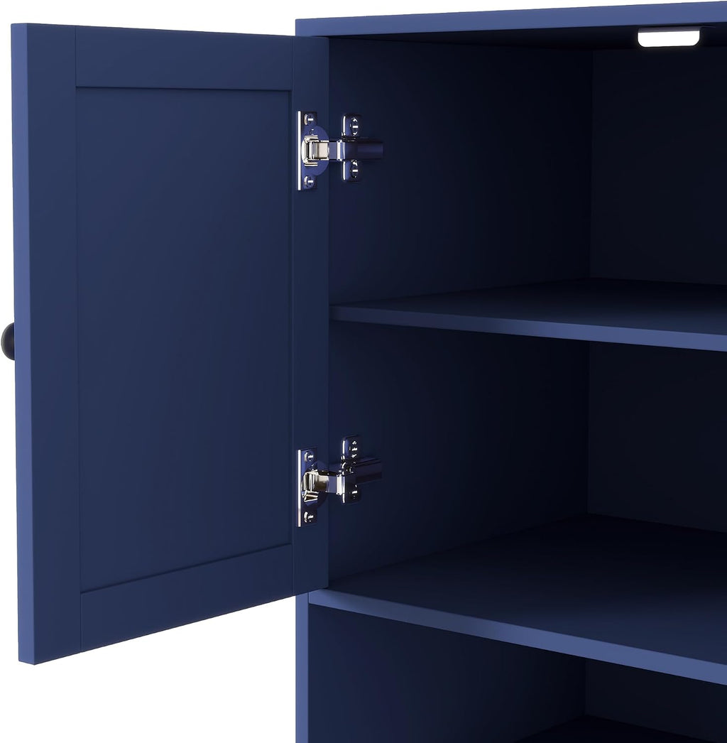 Polibi Freestanding Pantry Cabinet with Hutch & 7-Tier Pull-Out Side Cabinet, Door Shelves and Drawer, P2 MDF, Anti-Tip Safety, 52.8x17.7x70inch (Blue)