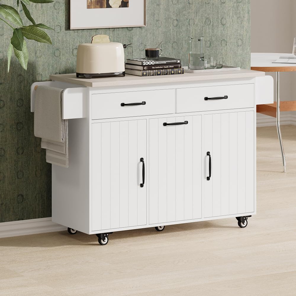 ZOEDO K&K Kitchen Island with Trash Can Storage Cabinet, Kitchen Cart with Drop Leaf, Spice Rack, Towel Rack and Drawer, Rolling Kitchen Island on Wheels with Adjustable Shelf, White