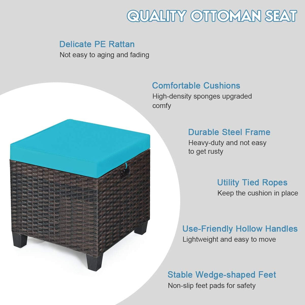 2PCS Patio Outdoor Ottomans, Rattan Wicker Ottoman Seat w/Removable Cushions, Rattan Footstool Footrest Seat, Patio Wicker Furniture Small Chair for Home,Patio, Garden, Backyard (Turquoise)