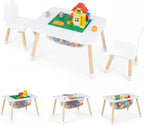 Olakids Kids Table and Chair Set, 4 in 1 Wooden Building Blocks Activity Desk with Reversible Tabletop Storage Basket, Toddler Furniture for Crafts Learning Dining