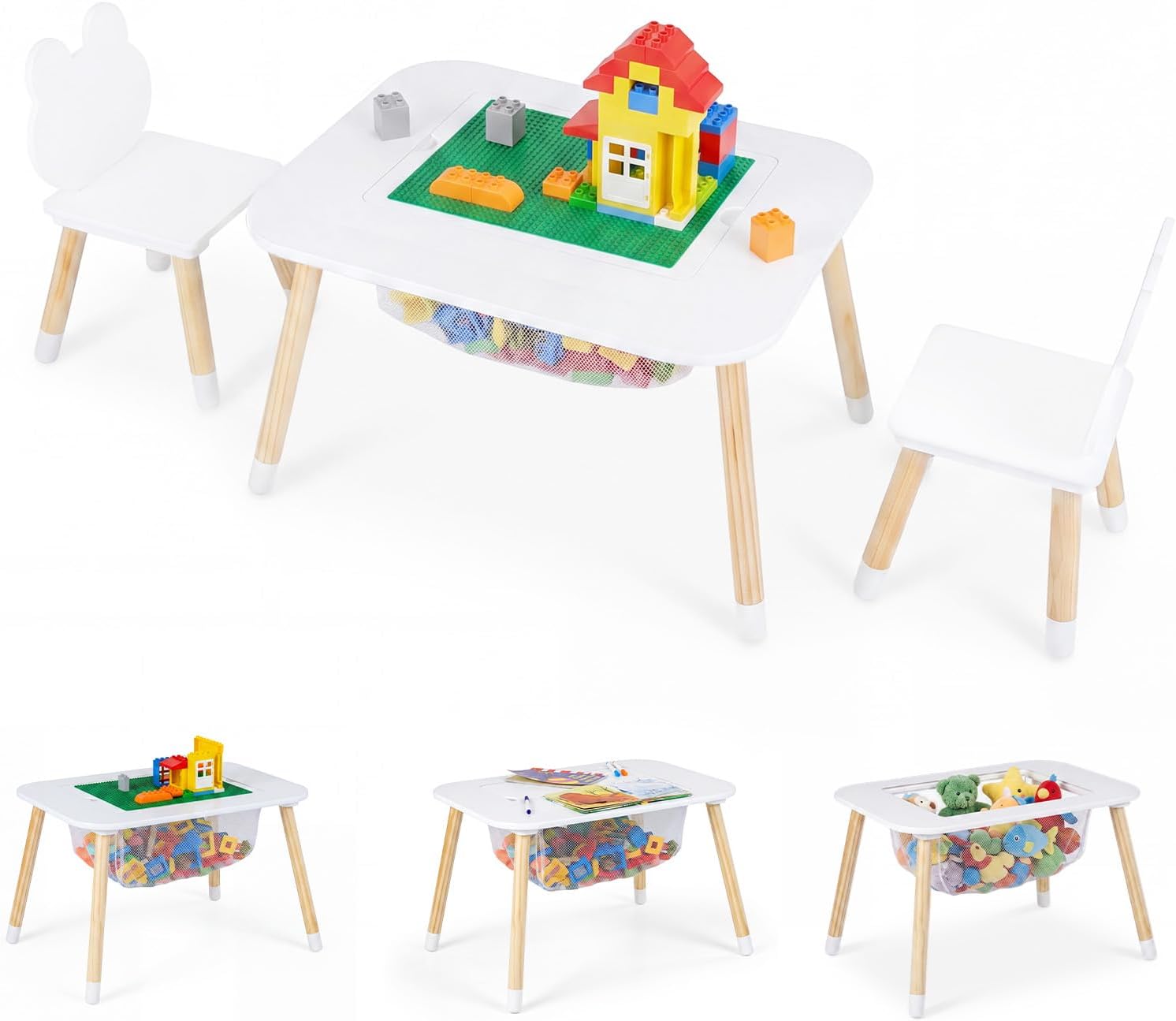 Olakids Kids Table and Chair Set, 4 in 1 Wooden Building Blocks Activity Desk with Reversible Tabletop Storage Basket, Toddler Furniture for Crafts Learning Dining
