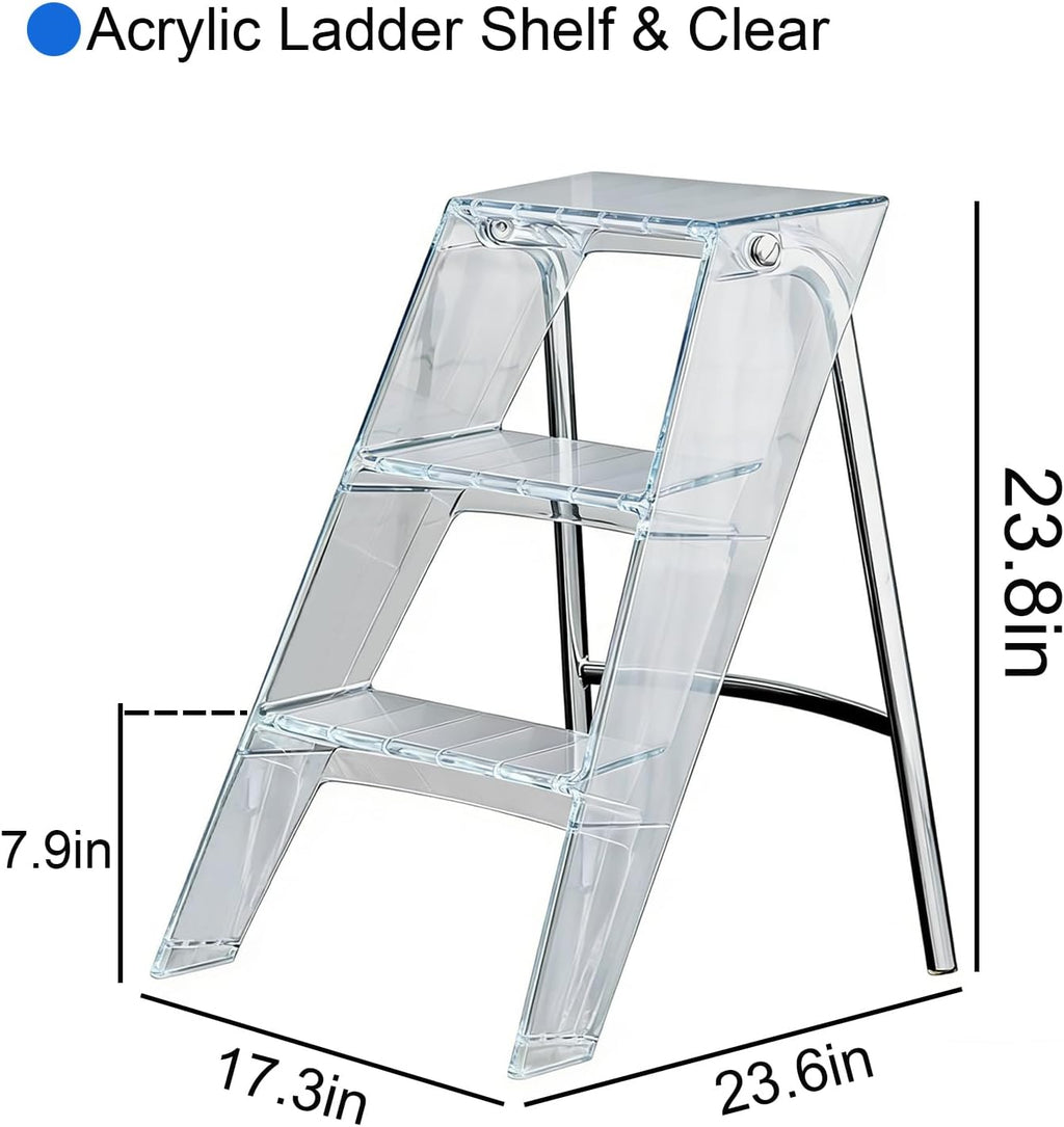 Transparent Acrylic 3-Step Folding Step Stool, 220 lbs Weight Capacity, Sleek Collapsible Step Ladder with Compact Design, Portable for Home, Kitchen, Bathroom and Closet