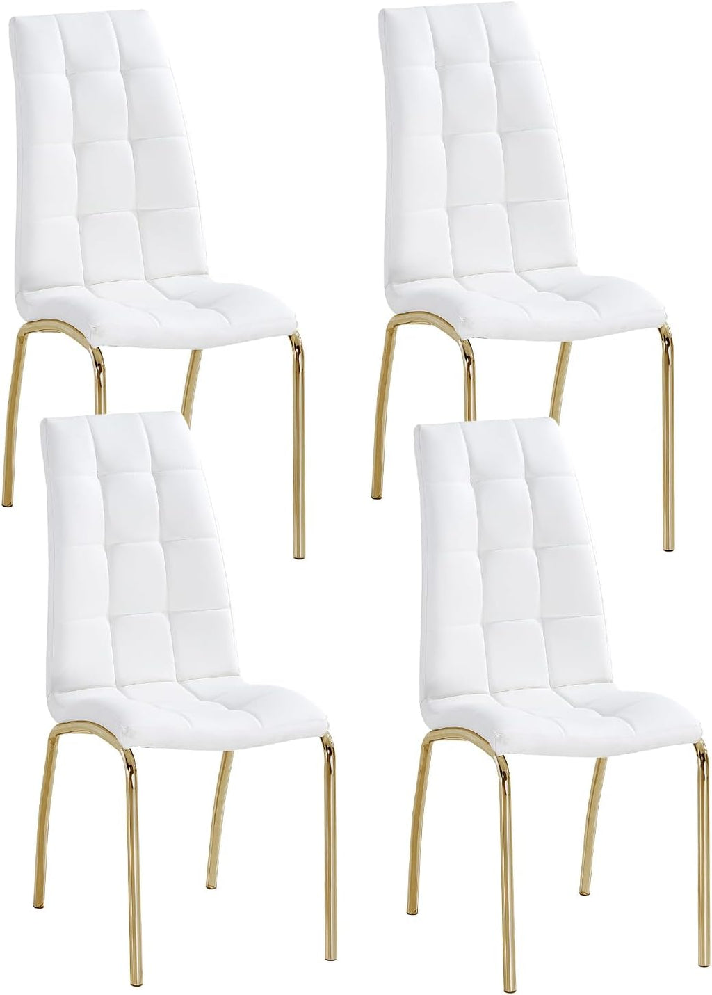 Faux Leather Dining Chairs - Set of 4, Modern White Dining Room Chairs with Gold Metal Legs and Ergonomic Backrest, Upholstered for Kitchen and Living Room