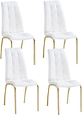 Faux Leather Dining Chairs - Set of 4, Modern White Dining Room Chairs with Gold Metal Legs and Ergonomic Backrest, Upholstered for Kitchen and Living Room