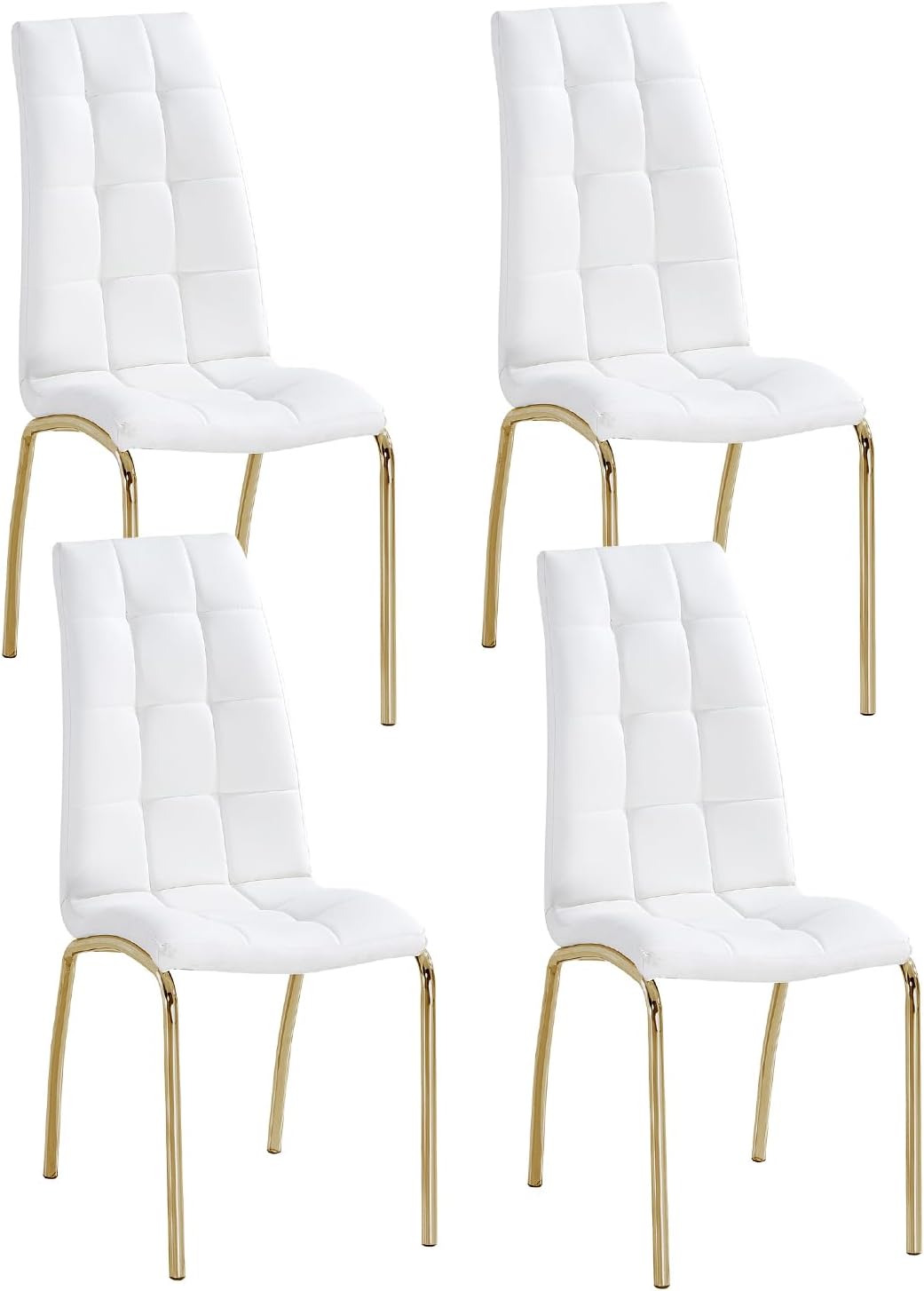 Faux Leather Dining Chairs - Set of 4, Modern White Dining Room Chairs with Gold Metal Legs and Ergonomic Backrest, Upholstered for Kitchen and Living Room