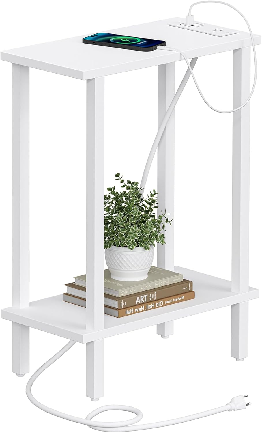 TUTOTAK Small End Table with Charging Station, Narrow Side Table with USB Ports and Outlets, Skinny Sofa Table, Slim Nightstand, Living Room, Bed Room, White TB01BW060