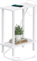 TUTOTAK Small End Table with Charging Station, Narrow Side Table with USB Ports and Outlets, Skinny Sofa Table, Slim Nightstand, Living Room, Bed Room, White TB01BW060