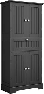 ChooChoo 51" H Bathroom Floor Cabinet with Drawers and Adjustable Shelves | Bathroom Storage Cabinet, Freestanding Kitchen Pantry Cupboard with 4 Doors for Living Room, Black