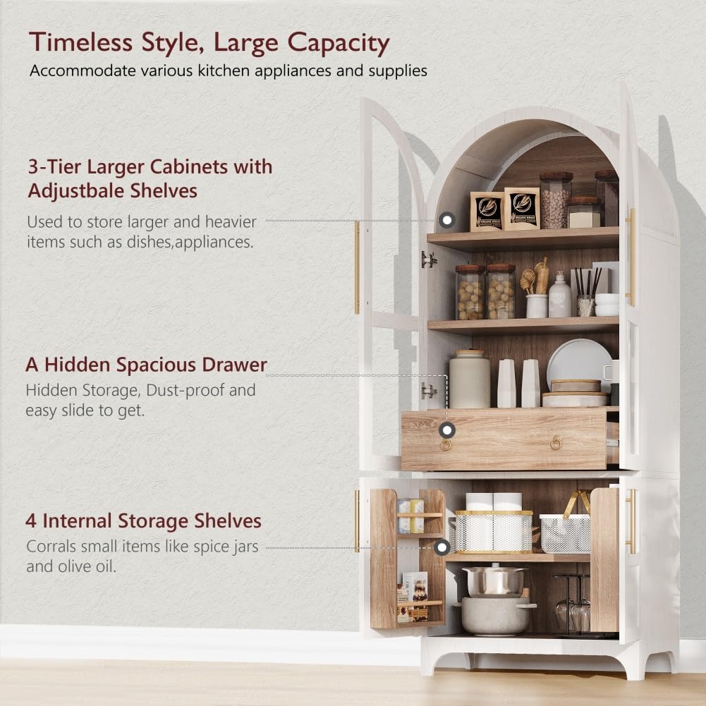 71" Tall Wooden Arched Storage Cabinet, Kitchen Pantry Cabinet with Hidden Drawer & Glass Door for Kitchen, Dining Room, Living Room and Bathroom (White)