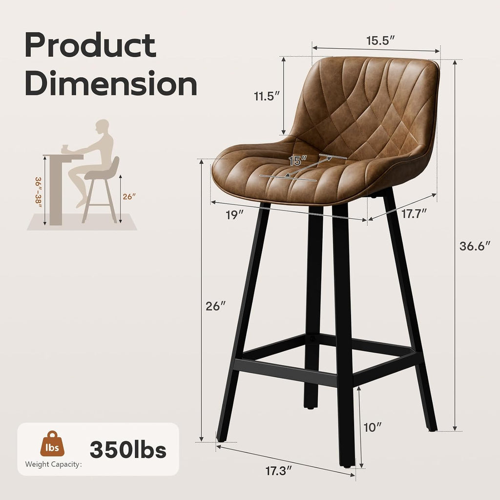 26" Brown Counter Height Bar Stools Set of 4, for Kitchen Island | Curved Seat with Back, Diamond Quilted Vintage Leather, 350lbs Stable Metal legs with Footrest & Anti-slip Mat, Easy Assembly