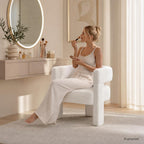 White Modern Accent Chair, Upholstered Barrel Armchair with Solid Wood Legs