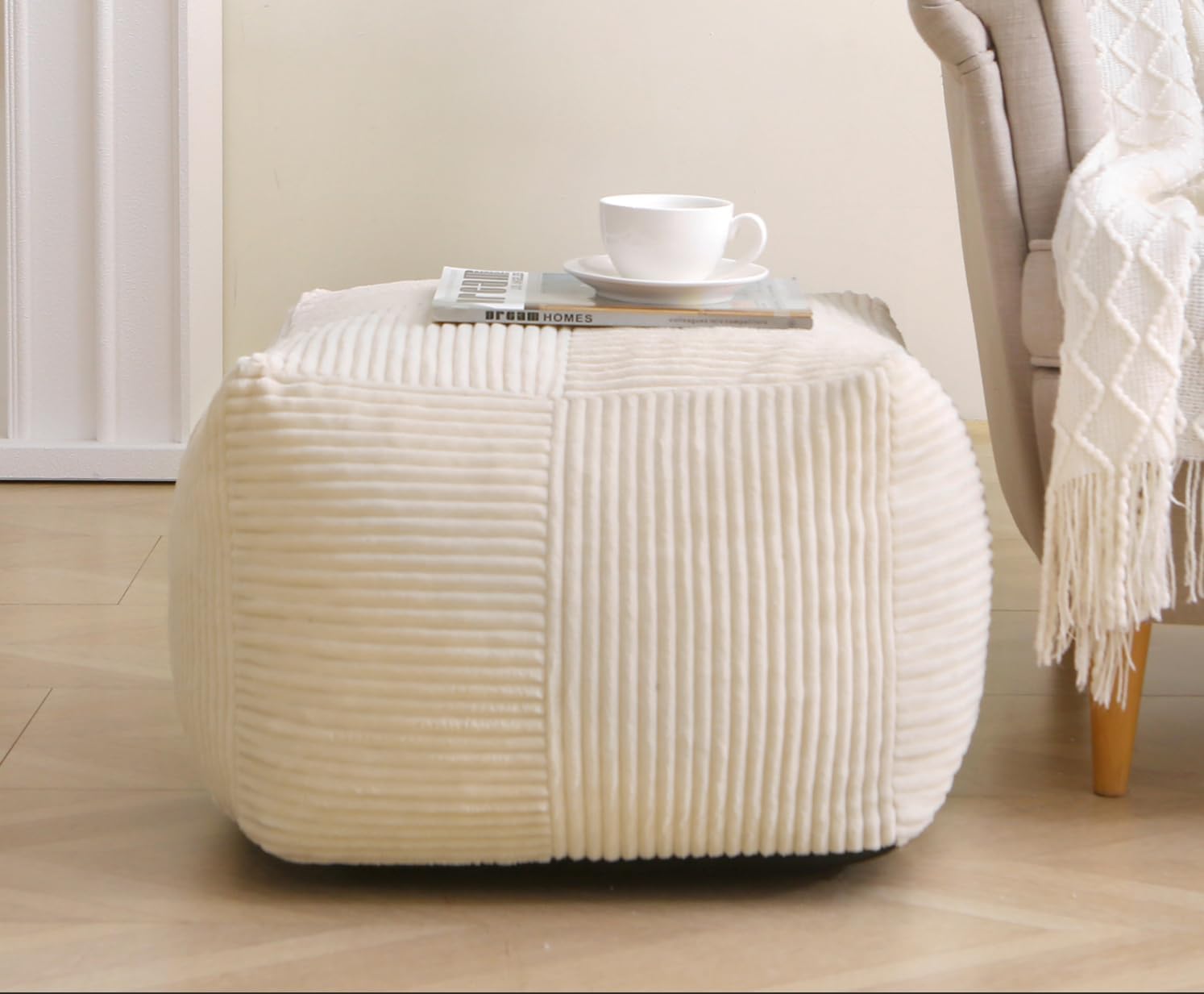 Corduroy Pouf Ottoman Foot Rest, Square Floor Pouf with Removable Cover, Soft Foam-Filled Foot Stool with Non-Slip Bottom for Living Room, Bedroom & Lounge