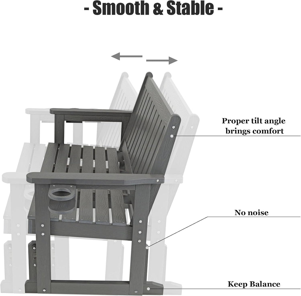 Poly Lumber Patio Glider, HIPS Material Weather-Resistant Swing Bench for Outdoor Porch Garden, Gray