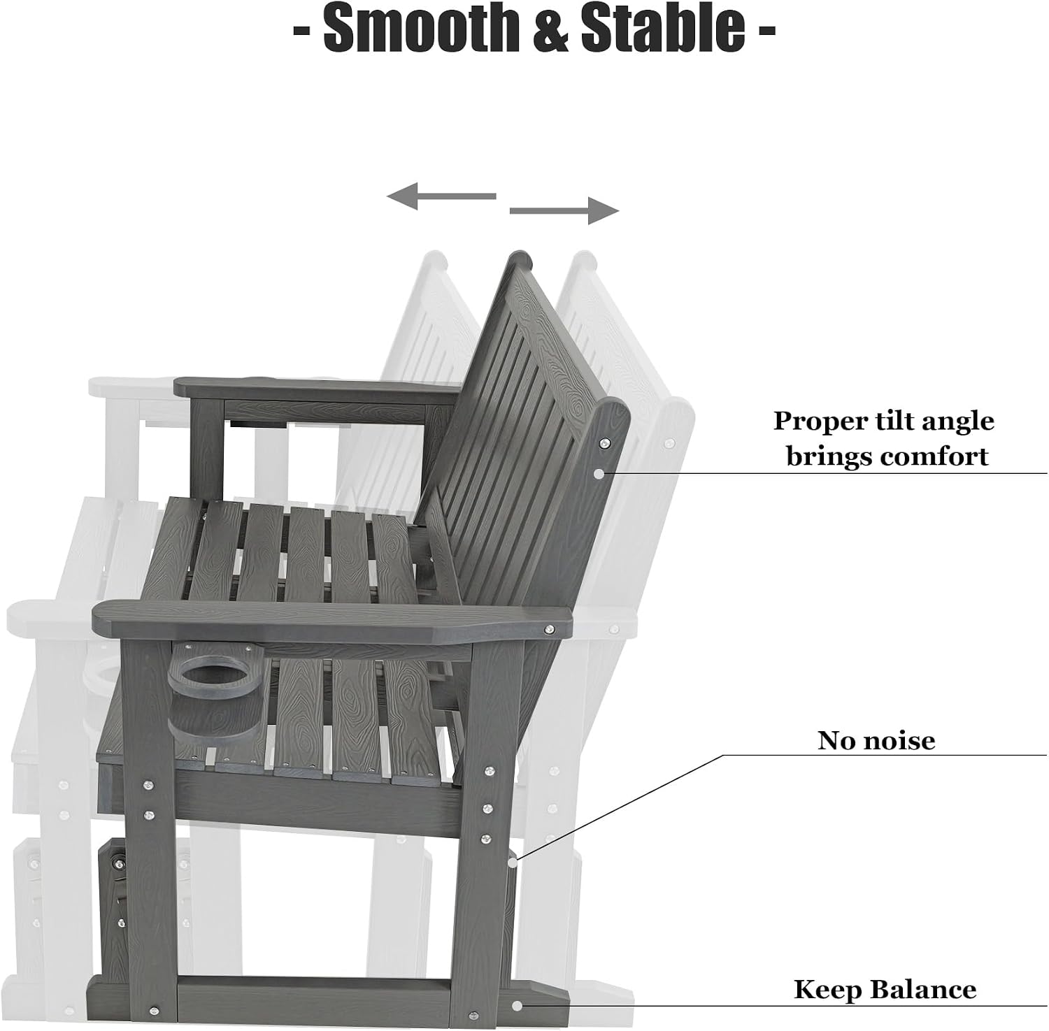 Poly Lumber Patio Glider, HIPS Material Weather-Resistant Swing Bench for Outdoor Porch Garden, Gray