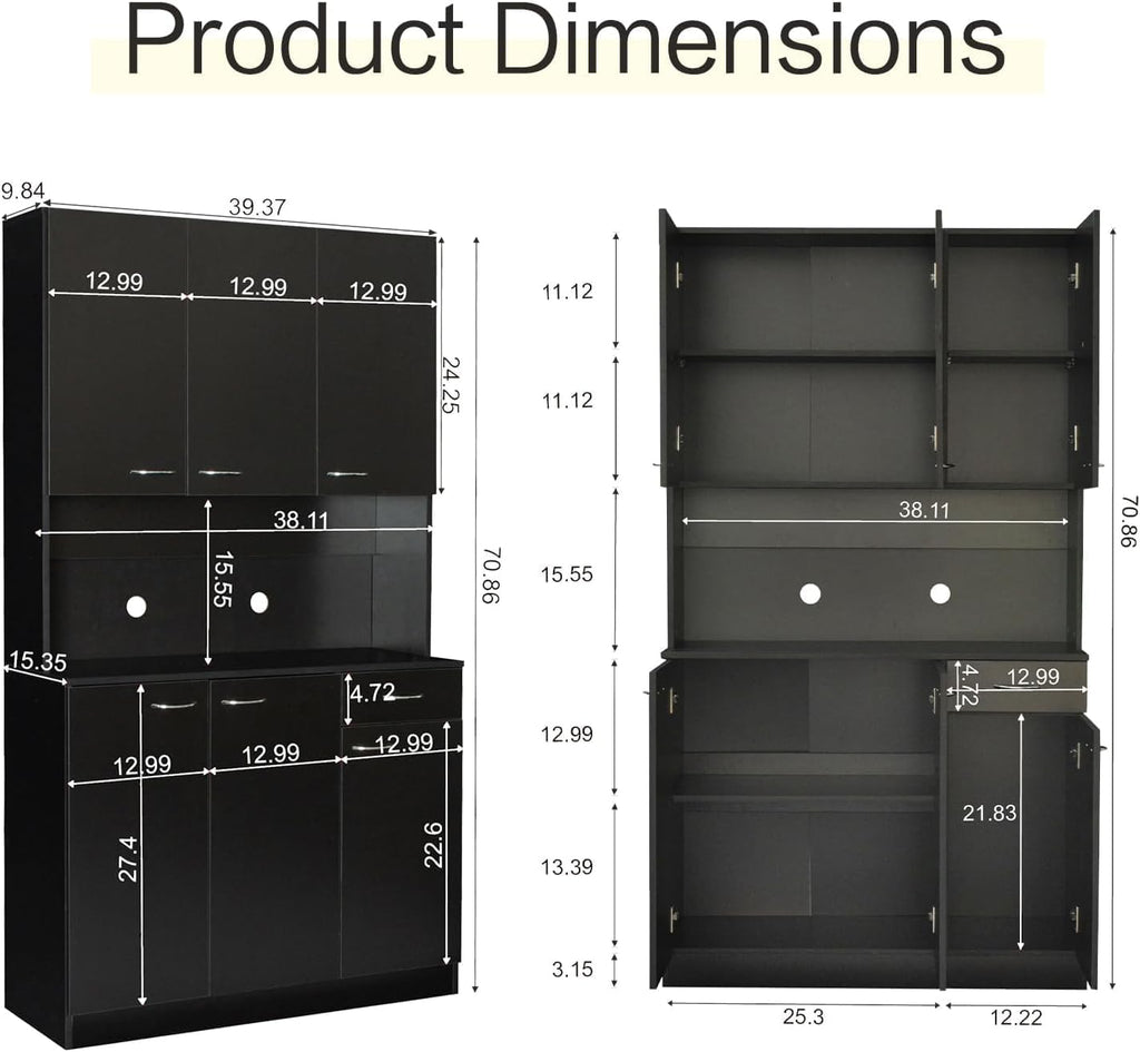 71" Black Kitchen Pantry Cabinets with Microwave Stand, 6 Doors & 3 Adjustable Shelves, Freestanding China Cabinet Hutch, Buffet Cabinet with Storage
