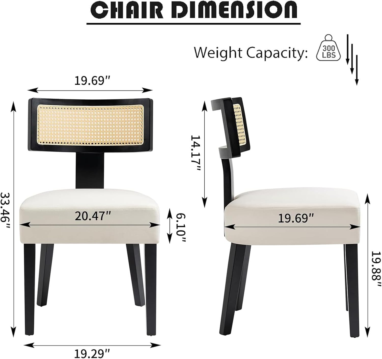 Farmhouse Rattan Dining Chairs Set of 2, Upholstered Modern Dining Room Chairs with Curved Cane Back, Black Wood Frame Armless Side Chair for Kitchen (Beige Fabric)