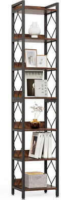 LITTLE TREE Corner Book Shelf, 78.7" Tall Narrow Bookcase, 7-Tier Skinny Wooden Display Shelves with Sturdy Metal Frame for Living Room, Modern Slim Standing Bookshelves for Office Shelf, Small Spaces