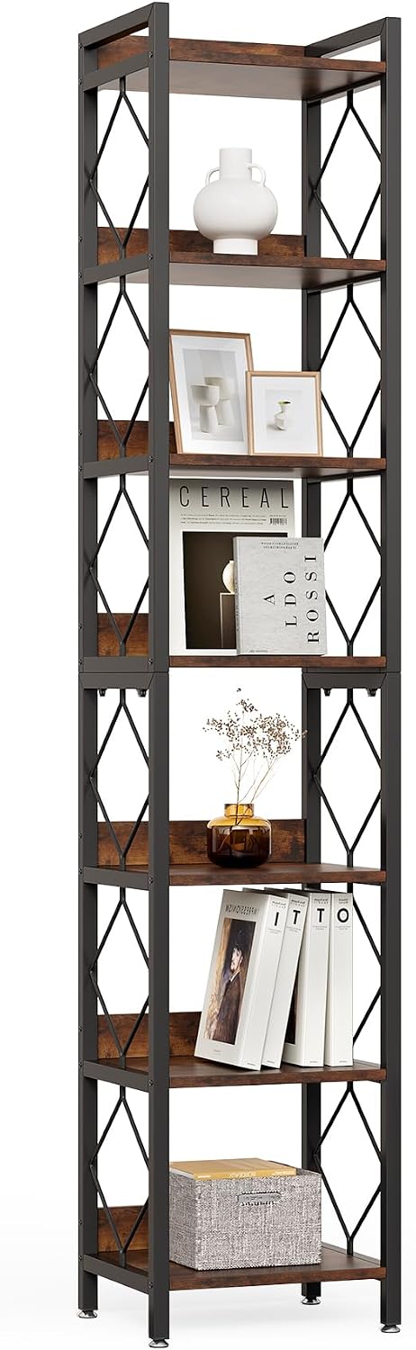 LITTLE TREE Corner Book Shelf, 78.7" Tall Narrow Bookcase, 7-Tier Skinny Wooden Display Shelves with Sturdy Metal Frame for Living Room, Modern Slim Standing Bookshelves for Office Shelf, Small Spaces