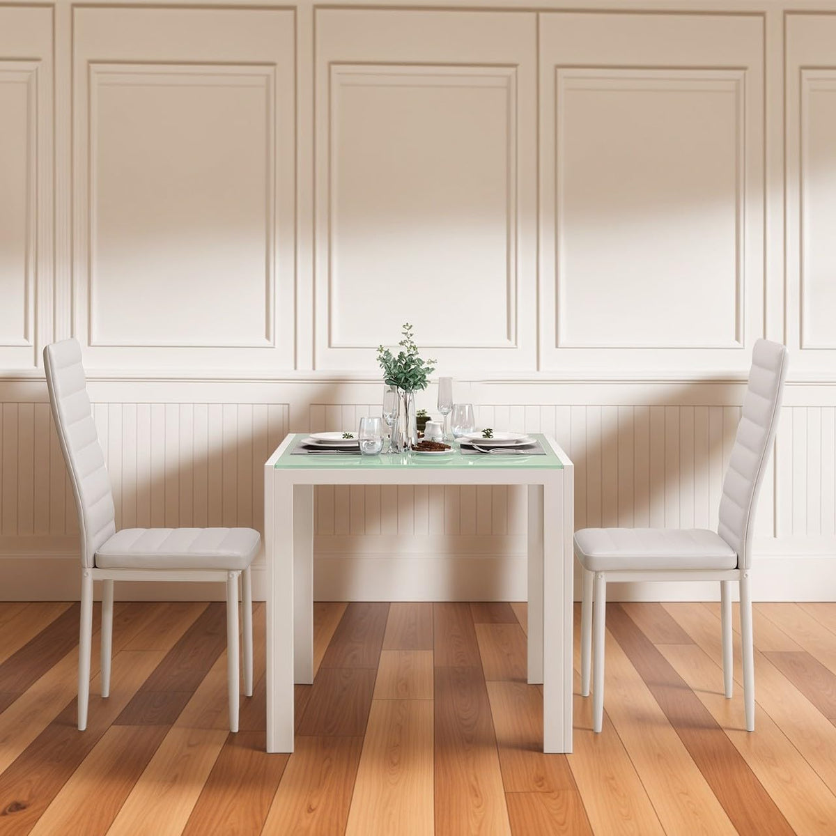 Gizoon 3 Piece Glass Dining Table Set, Kitchen Table and Chairs Set for 2 | PU Leather Modern Room Sets,Small Dining Table Sets,Space Saving Table and Chairs Set for Home, Kitchen,Living Room, White