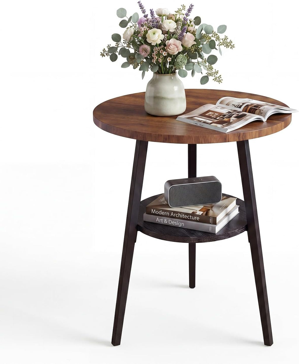 Round End Table, 2-Tier Side Table with Storage Shelf for Small Spaces, Nightstand for Living Room, Bedroom, Metal Frame & Wood Top, Walnut