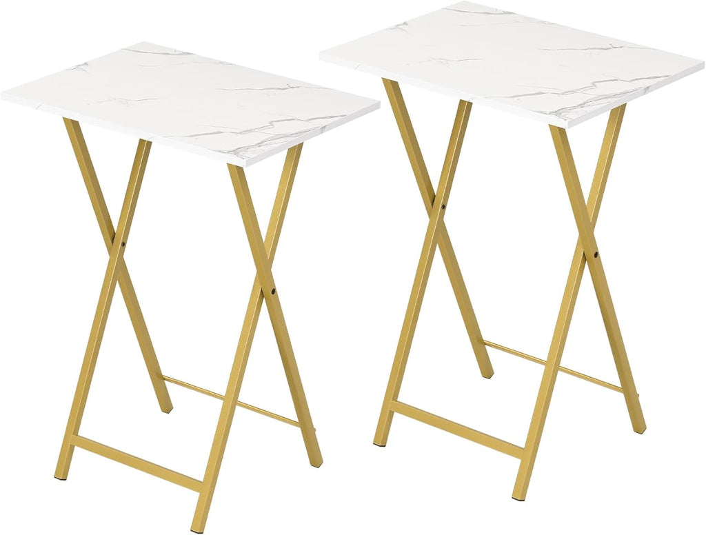 HOOBRO Folding TV Tray Tables, Set of 2 Side Table for Small Space, Industrial Snack Tables for Eating at Couch, Stable Metal Frame, Easy Assembly, Space Saving, Marble and Gold DM25BZ01