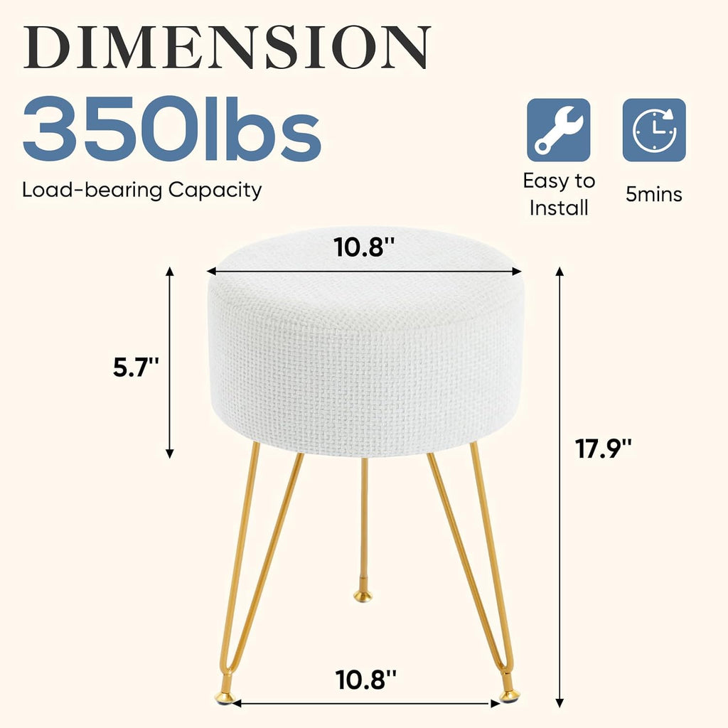 DUMOS Vanity Stool, Velvet Vanity Chair for Makeup Room, Round Ottoman Foot Rest with Gold Metal Legs, Makeup Dressing Table Seat for Bedroom, Living Room, Entryway, Beige
